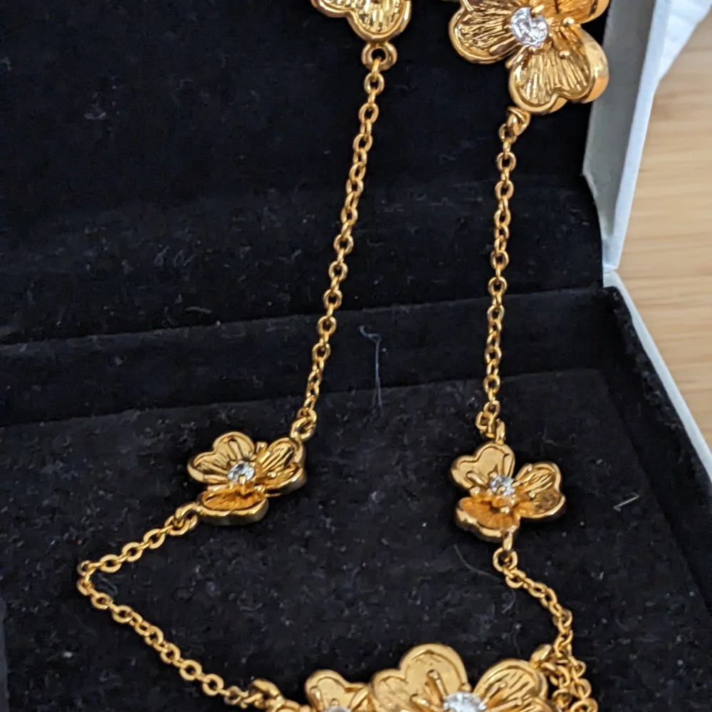 Gold Floral Necklace with Crystals Signed Nolan Miller - Picture 4 of 9